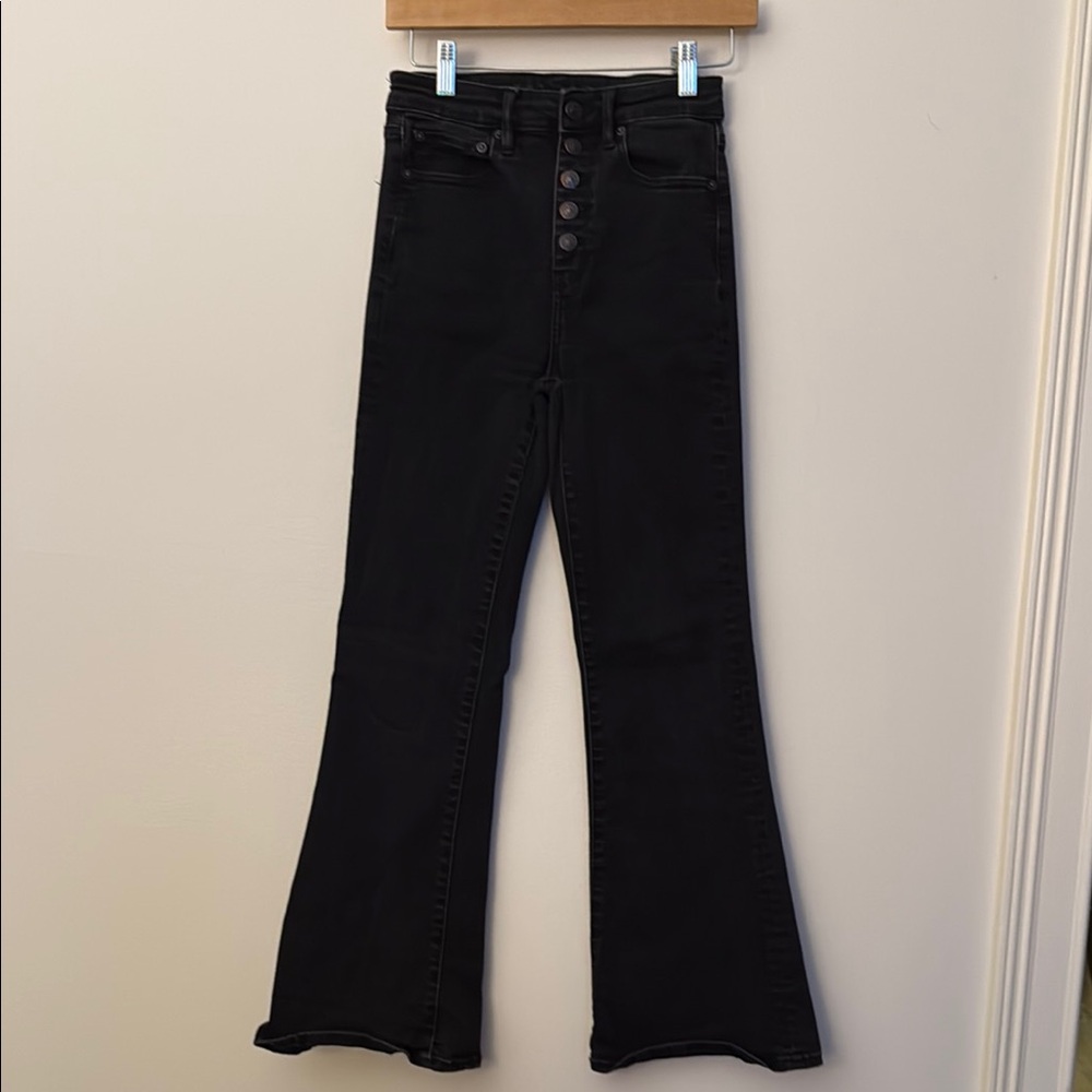 American Eagle Highest Rise Flare Jeans Black Button Fly Size 2 Regular